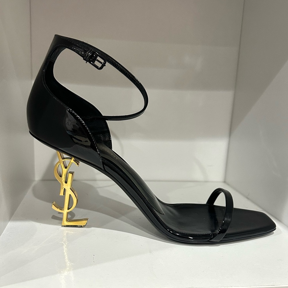 Saint Laurent Black Patent Leather Heeled Sandals with Gold YSL Logo Heel